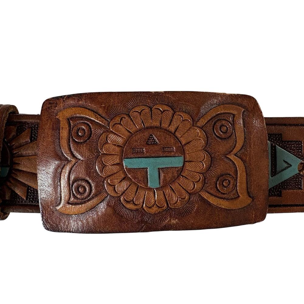 Vintage Chambers Tooled Belt with Buckle Southwestern Leather Size 27 (24-30")